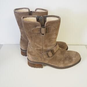 UGG Chaney Womens Chestnut Suede Zip Up Moto Boots 1006042 Size 8 Biker Sherpa
